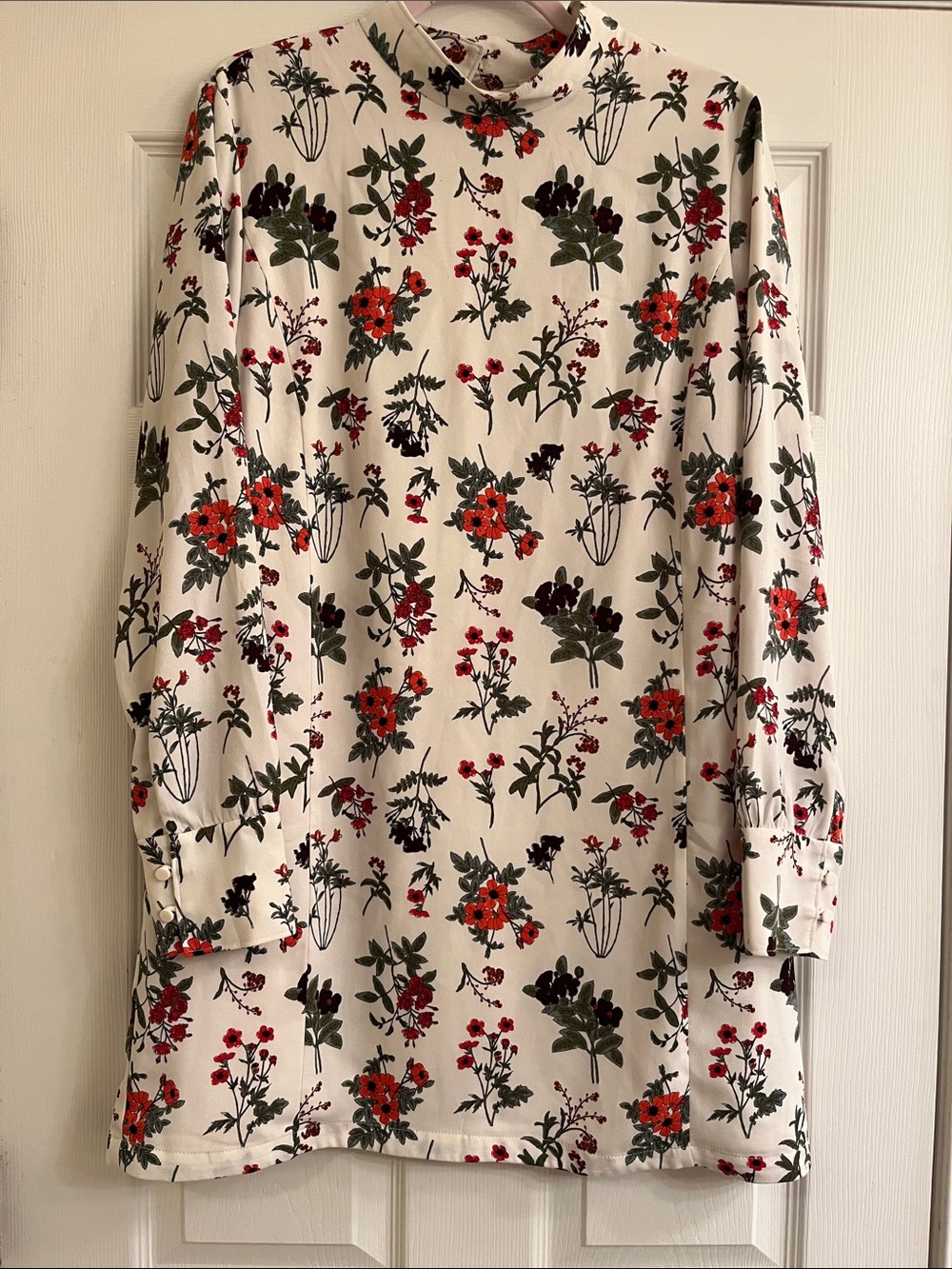 Leith Cream Floral Print Mock-Neck Dress with Red and Orange Accents